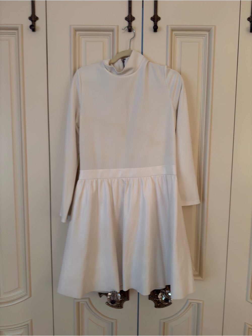 White Long-Sleeve Fit-and-Flare Leather Dress